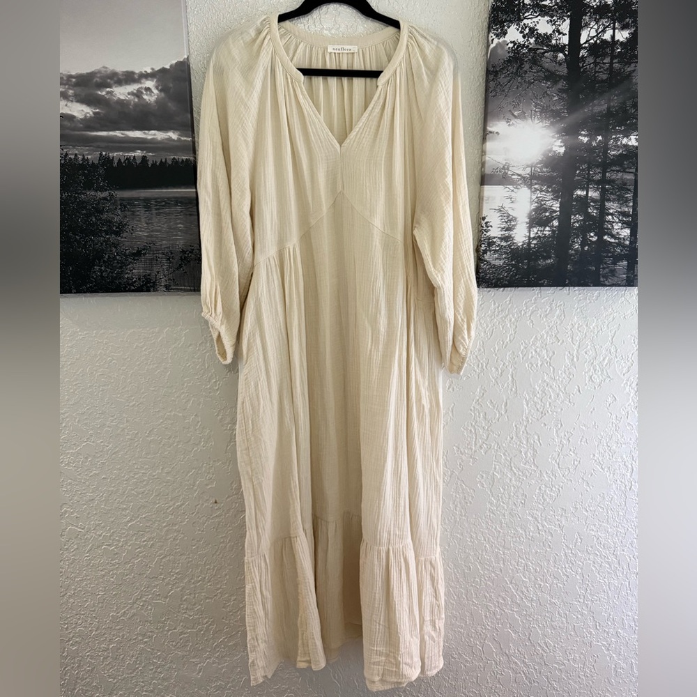 Neuflora Mayfield 100% Cotton Cream Long Sleeve Women's Dress with Pockets